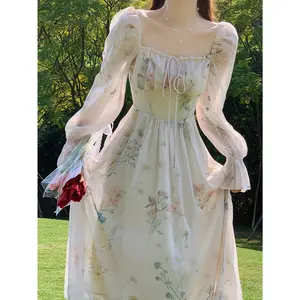 Floral Print Square Neck Long Sleeve Aline Dress for Women, Spring/Fall Elegant Ruffle Hem Dress