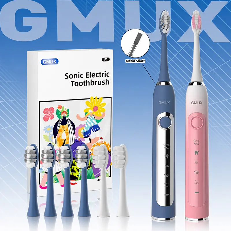 GMUX IPX8 Sonic Electric Toothbrush for Adults - USB Rechargeable, Metal Shaft, Intelligent Timer, Couple Set, Nylon Bristles, Gum Mode, 6 Replace Heads for Daily Care