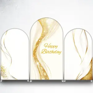 White Gold Glitter Wave Happy Birthday Arch Backdrop Cover for Elegant Birthday