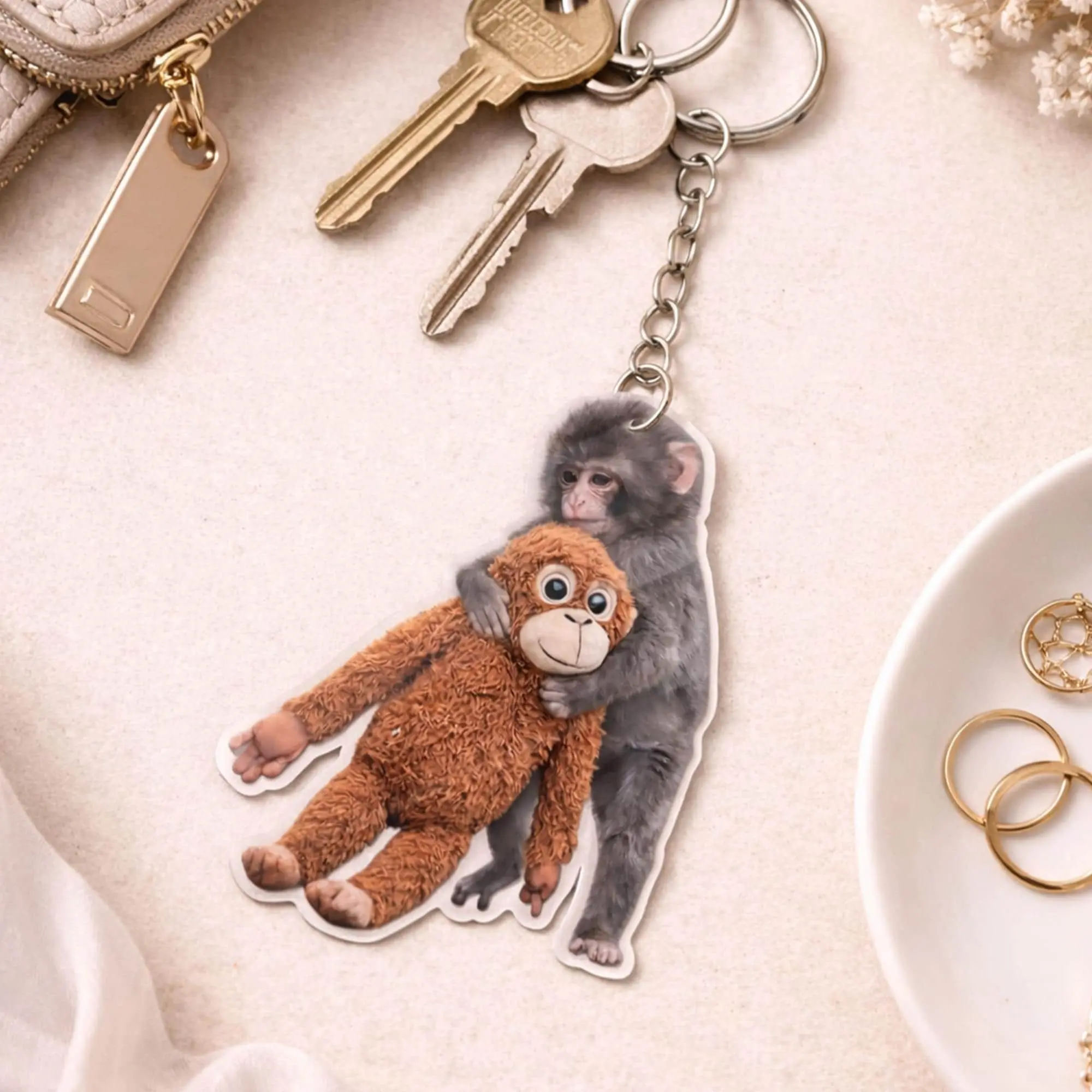 Punch Baby Monkey Acrylic Keychain – Viral Cute Monkey Plush Charm, Team Punch Gift, Emotional Support Animal Keyring, Trendy Bag Accessory