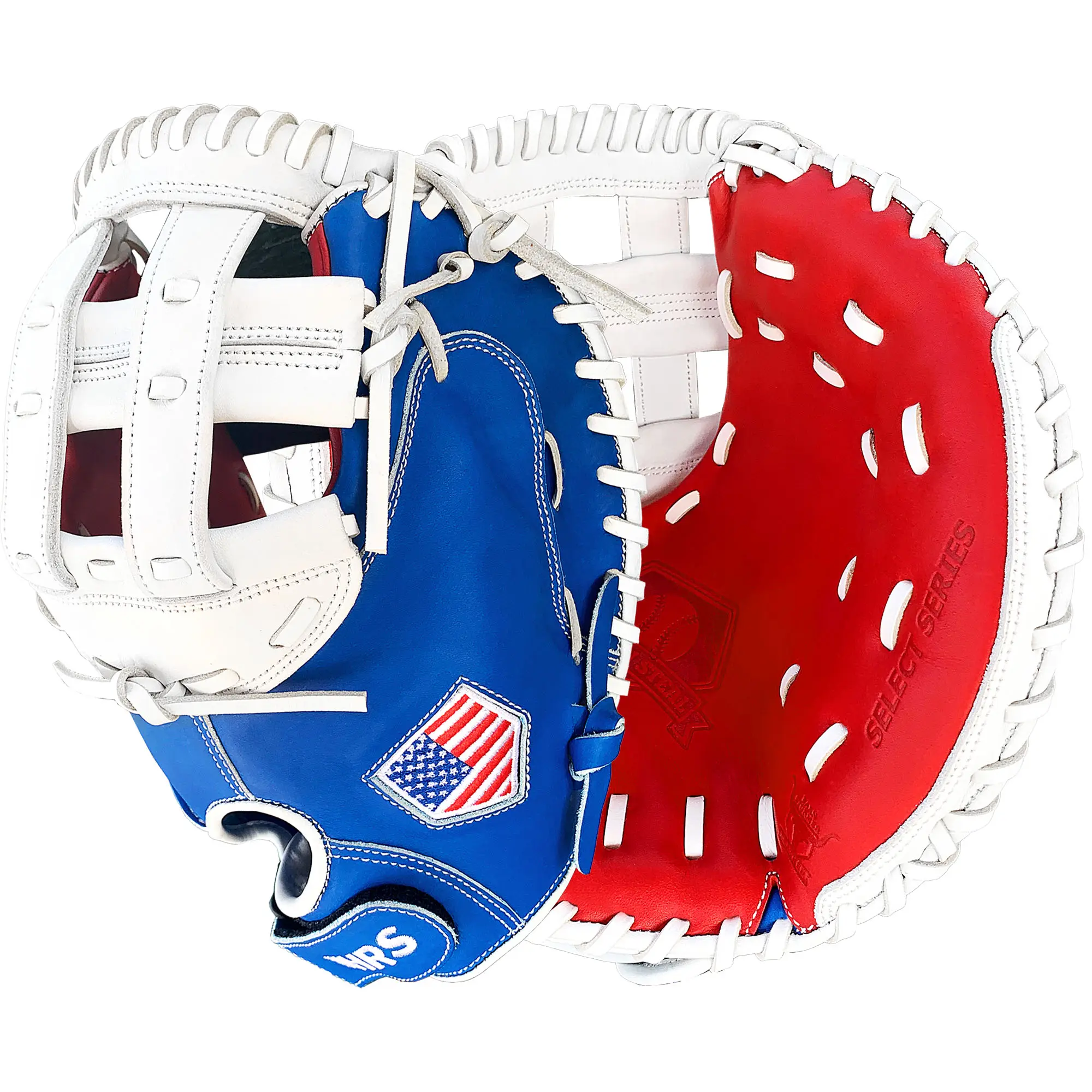 Hit Run Steal Youth Softball Gloves, 34 Inch Handcrafted Catcher's Mitt in American Steerhide Leather with H-Web, Red/White/Blue, For Right & Left Hand Throwers