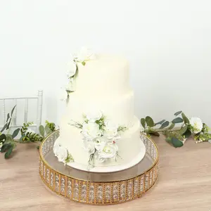 18" Round Gold Cake Stand with Hanging Crystal Beads and Glass Top – Metal Dessert Display Tray