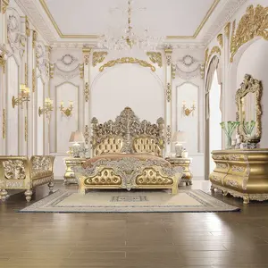 Acme BD00451EK Eastern King Bedroom Set with Ornately Carved Tan Faux Leather Headboard & Gold Finish Wood Pieces for Astoria Grand Seville Collection