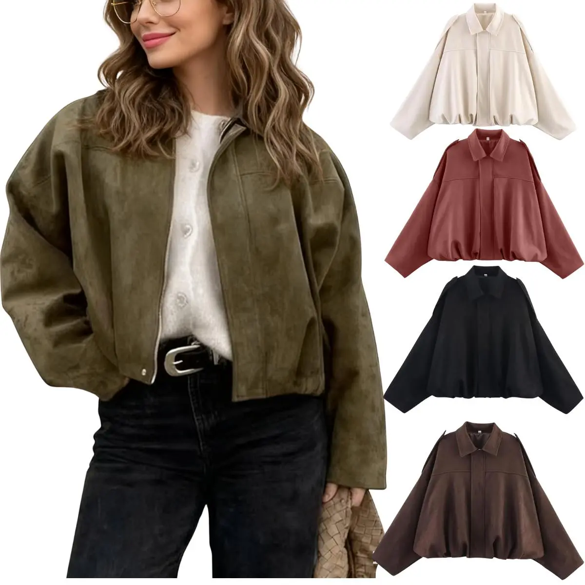 Jovenpara Women's Faux Suede Bomber Jacket, Oversized Cropped Long Sleeve Collared Coat for Fall Casual Outerwear, Basic, Zipper, Cute, Athletic, Lapel