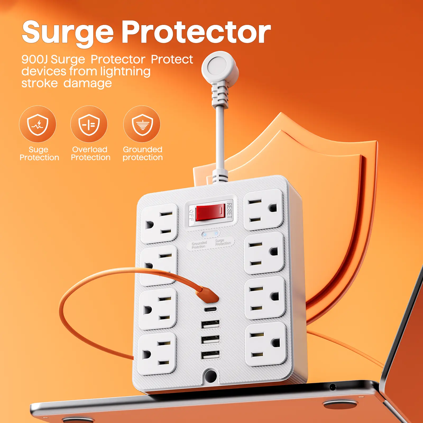 Strip with USB, Flat Plug Extension Cord with Multiple Outlets short ,  Strip with 8 Widely Spaced Outlets 5 USB Charger (2 USB C Port), Desk Charging Station for Home Office, White,Black power switch