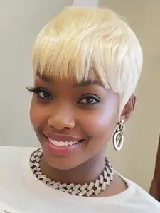 613 Blonde Human Hair Short Wig with Bangs Layered Pixie Cut Machine Made for Woman Halloween Pixie Wigs