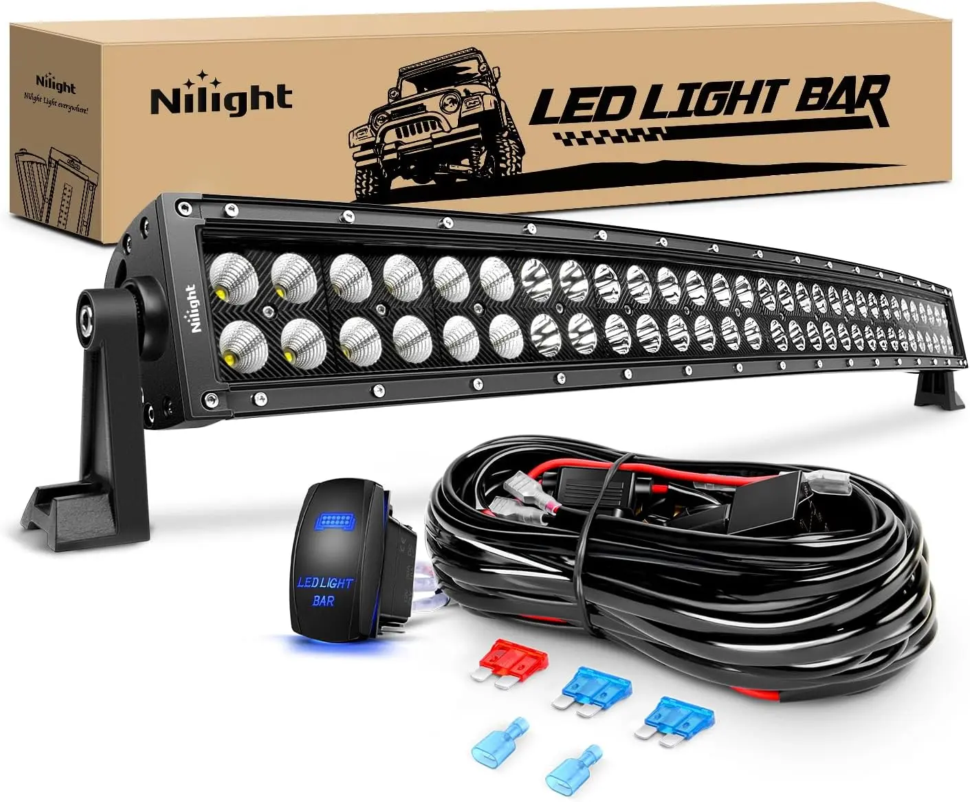 Nilight 32In Curved 180W LED Car Light Bar with Light Bulbs, Spot-Flood Combo Offroad Driving Work Fixture, Waterproof Aluminum Body, 16AWG Wiring Harness Kit, Led Car Lights