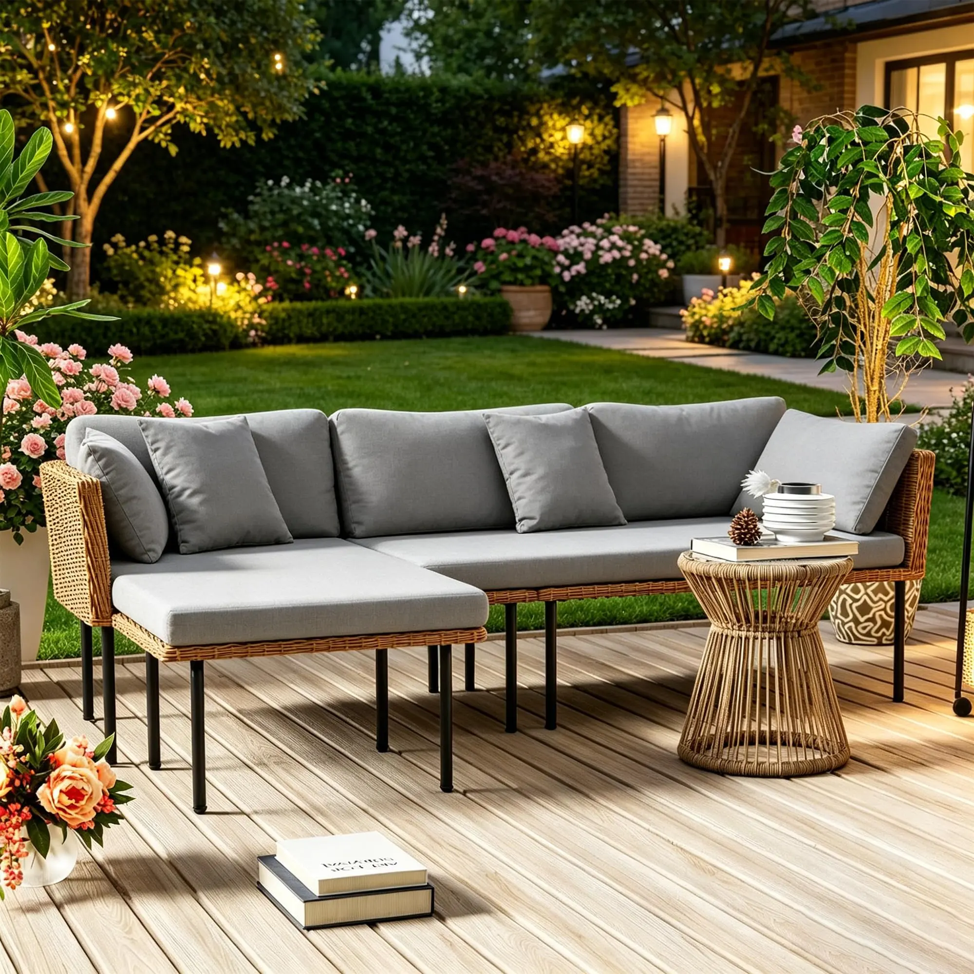 Charcoal Grey 3-Piece Patio Furniture Set, L-Shaped Outdoor Sectional Sofa with Thick Cushions, All-Weather Rattan Conversation Set, Boho Style Detachable 3-Seater Lounger