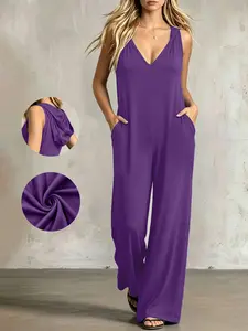Plus-size women’s V-neck one-piece jumpsuit, available with pockets, casual shoulder straps, ideal for everyday wear and home comfort, minimalist design., Womenswear, Overalls summerwins