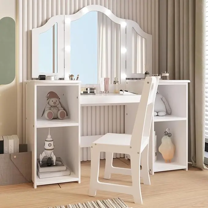 Kids Vanity, Girls Vanity Set with Touch Lights, Princess Makeup Vanity Desk & Chair Set with Detachable Tri-Folding Mirror, Open Storage Shelves & Drawers, Wooden Pretend Play Vanity Set for Girls vanity  led  light