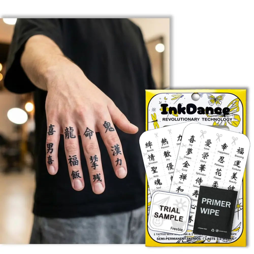 InkDance Semi-Permanent Tattoo 2-Piece Variety Pack D022 - Kanji Chinese-Japanese Symbols, Waterproof Plant-Based Ink, All Skin Types, 1-2 Weeks Longevity, 24-Hour Color Development