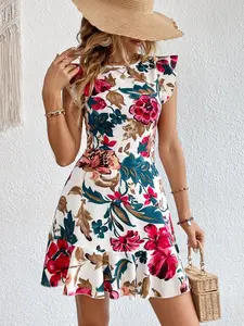 A floral print flutter sleeve dress with a cinched waist, Fitted, and ruffled hem, vintage style, round neckline. Suitable for occasions such as daily outings, dates, and casual social events