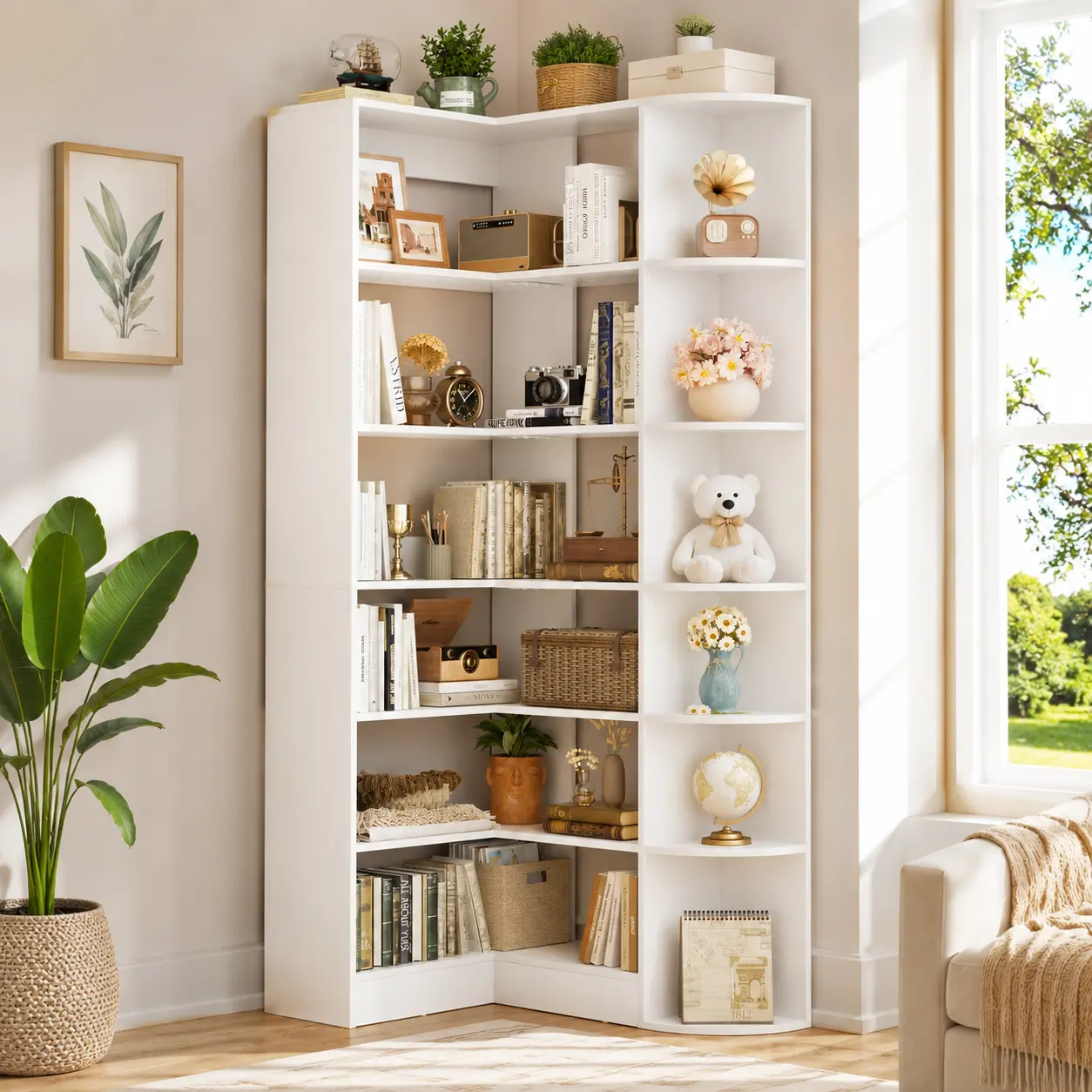 7-Tier Corner Bookshelf, 71" Tall Freestanding L-Shaped Book Shelf with Baffle, Sturdy Corner Open Display Shelf Bookcase for Home Office Living Room,dorm essentials,home decor