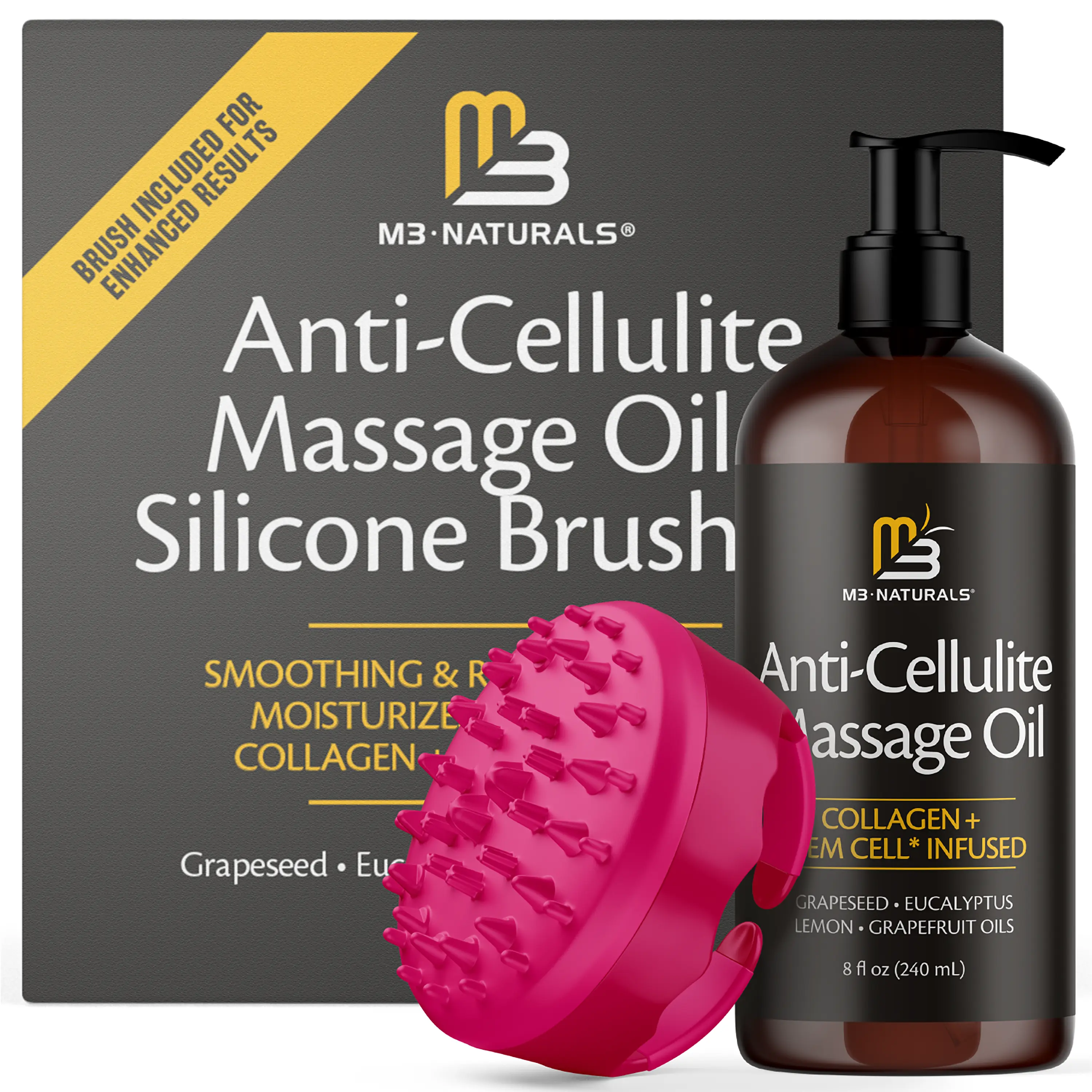 m3 naturals Anti-Cellulite Massage Oil and Tool Set, Lightweight Body Care Blend with Lemon Peel for Daily Use on Sore Muscles & Thighs, 8 fl oz with Silicone Brush, Fresh Citrus, Thighs & Butt, Suitable For All, Natural Oils Mix