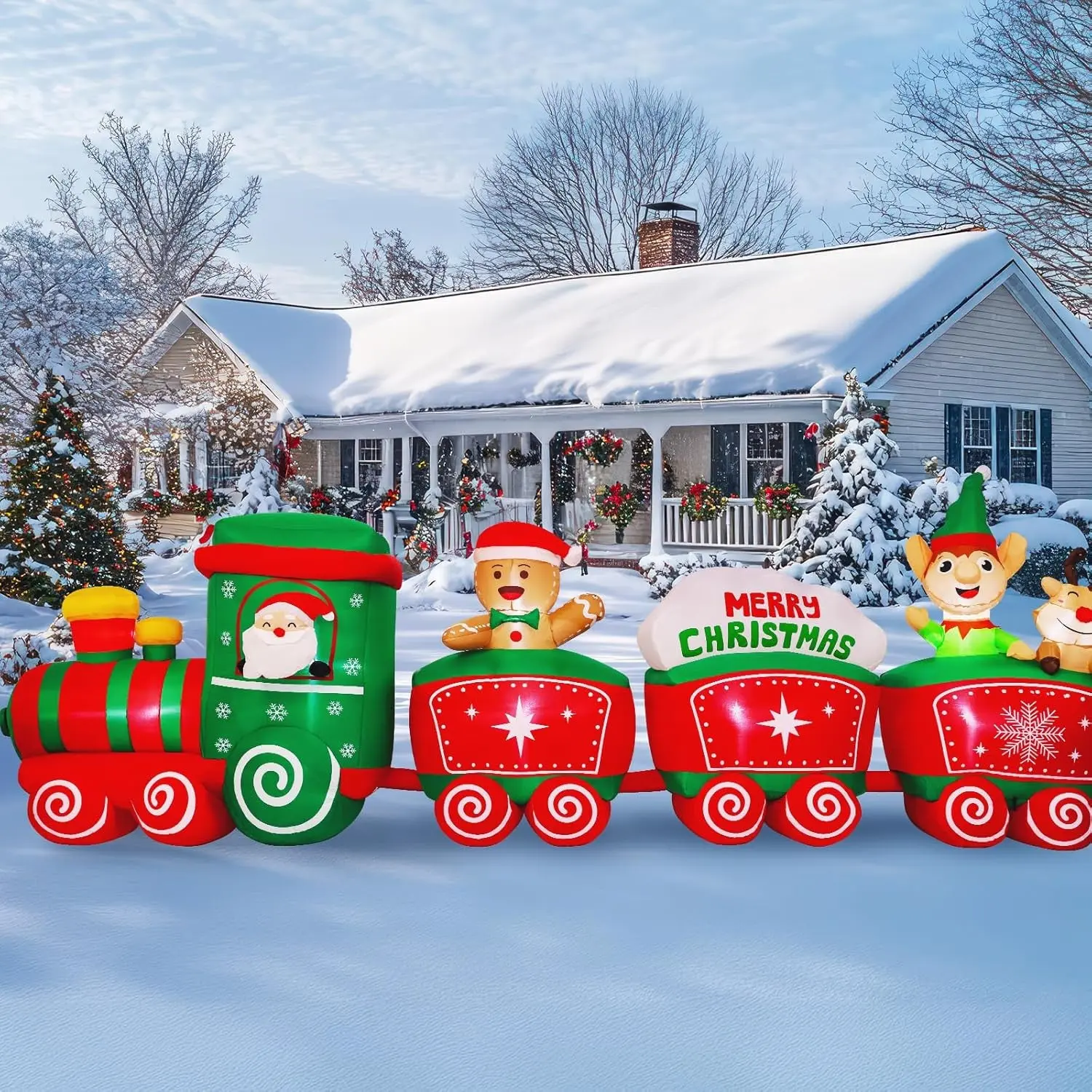 12ft Christmas Inflatable Train Featuring Santa Claus, Reindeer, and Gingerbread Man