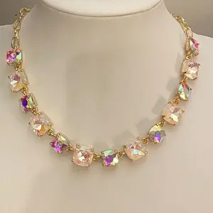 White AB Gemstone Necklace with Adjustable Close - Gold Chain & Crystal Stones Jewelry Accessory