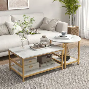 two piece coffee table set rectangle round faux marble top storage shelf for living room interior decor