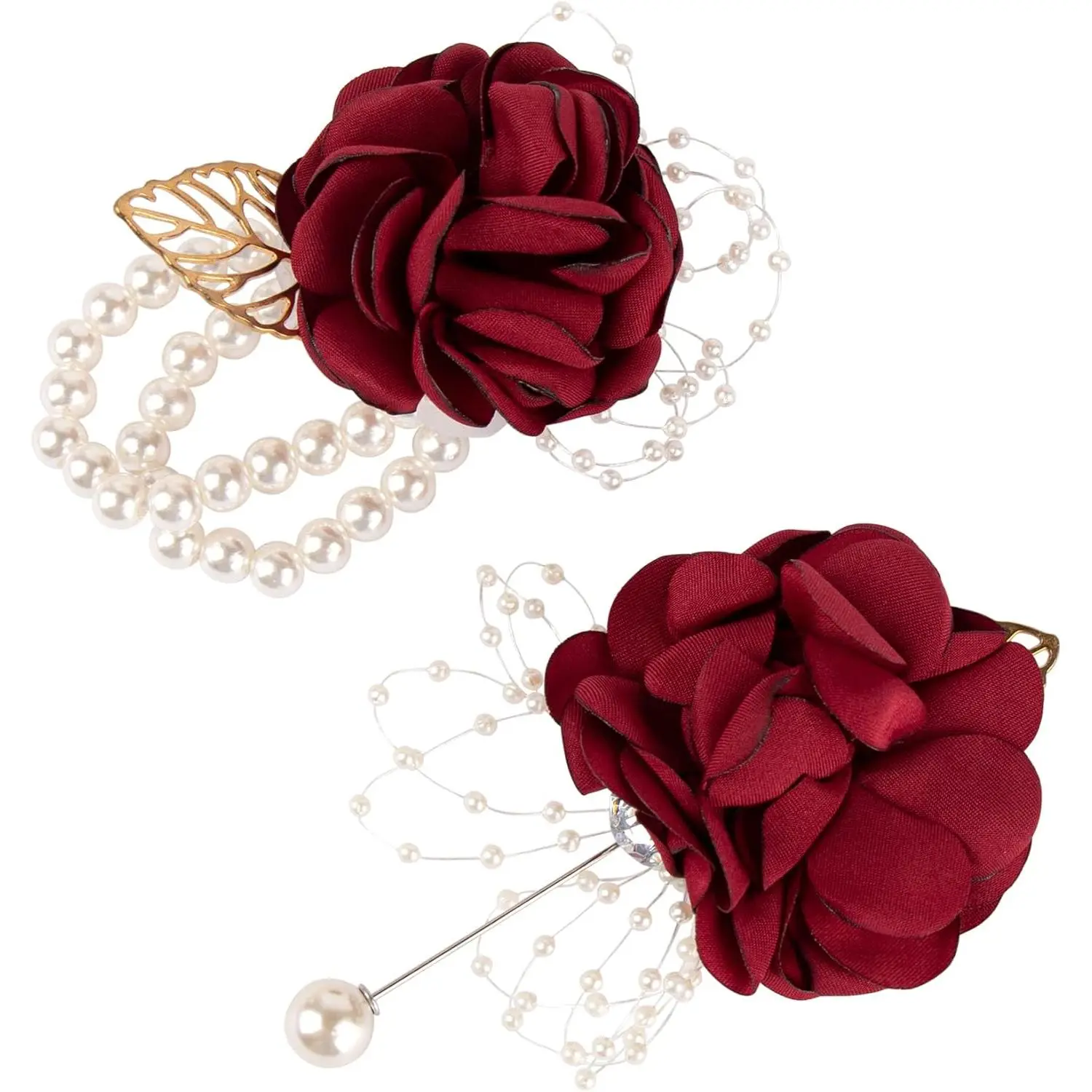 Silk Rose Burgundy Wrist Corsage and Boutonniere Set - Adjustable, Realistic, Formal Wedding Accessories for Bridesmaids, Thoughtful Engagement Gift