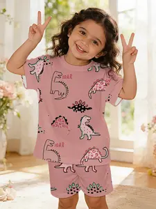 Dinosaur Baby Pink Party Baby Girl Suit with Digital Printing, 100% Polyester Baby Short Sleeve Set, Cute Casual Outfit for Baby Girls, T-Shirt Suitable for Daily and Outdoor Activities, Perfect Gift for Infants