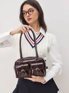 CIDER DOUBLE POCKET BOSTON FAUX LEATHER SHOULDER BAG