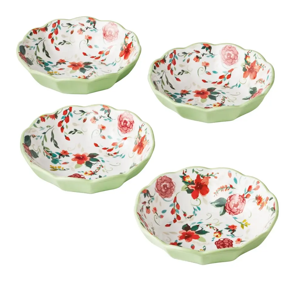 Painted Meadow Green 4-Piece Ceramic Pasta Bowl Set