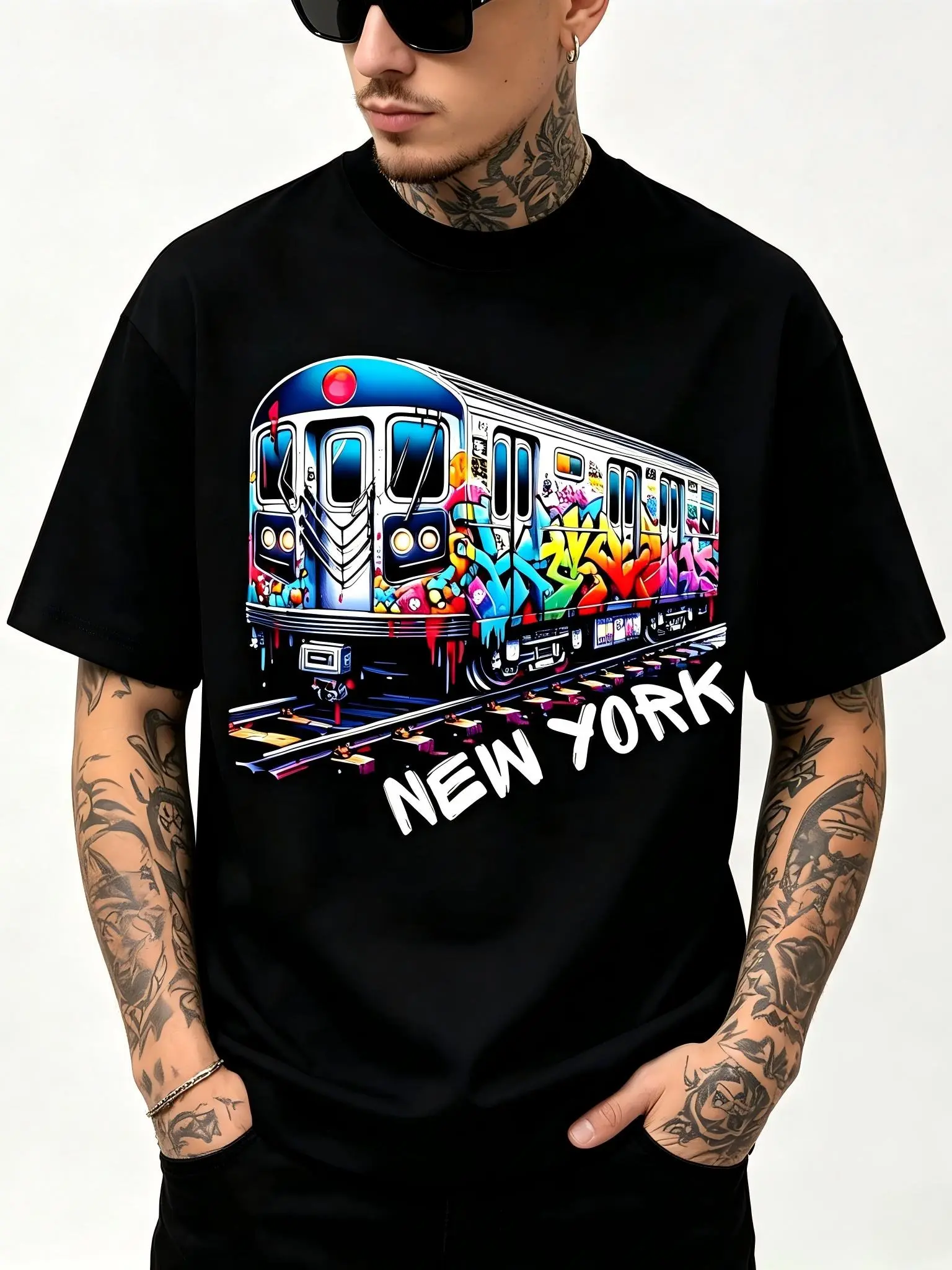 New York Train Graffiti Style NYC Subway Car Retro Vintage T-Shirt for Men & Women - Funny Graphic Tee, Soft Breathable Cotton Crew Neck Short Sleeve, Perfect Birthday Holiday Gift for Everyday Wear, Summer Spring Streetwear, Machine Washable