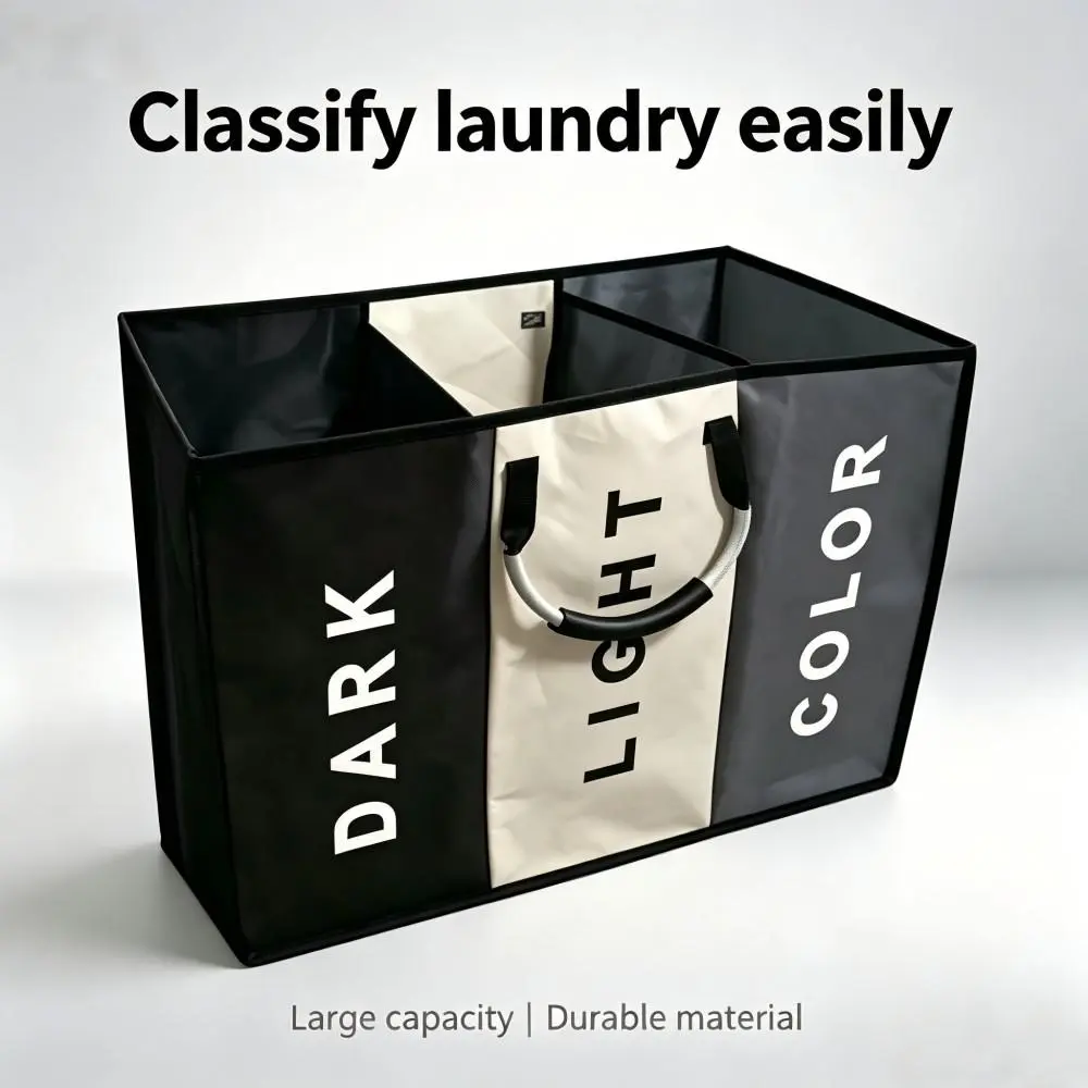 Three-Compartment Laundry Basket, Prevents Color Transfer, Durable Fabric with Sturdy Handle, Portable Design, Bedroom Storage, Fashionable Laundry Bin, Divided Clothes Basket, Dirty Clothes Basket