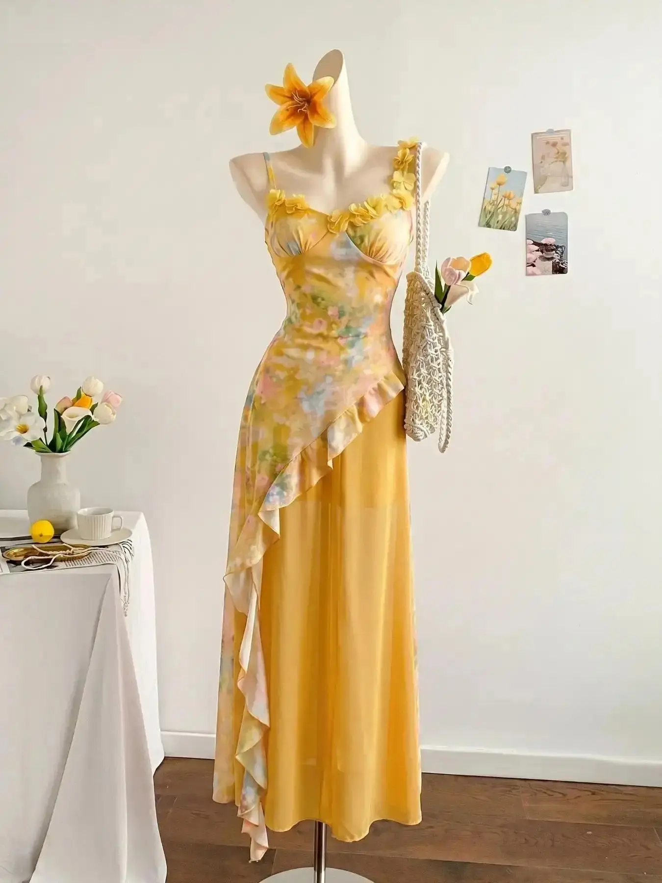Women's Watercolor Print Floral Halter Long Dress, 3D Flower Embellished Ruffle Slim Fit, Chic Boho Vacation Beach Style, Romantic Wedding, Feminine, Bohemian