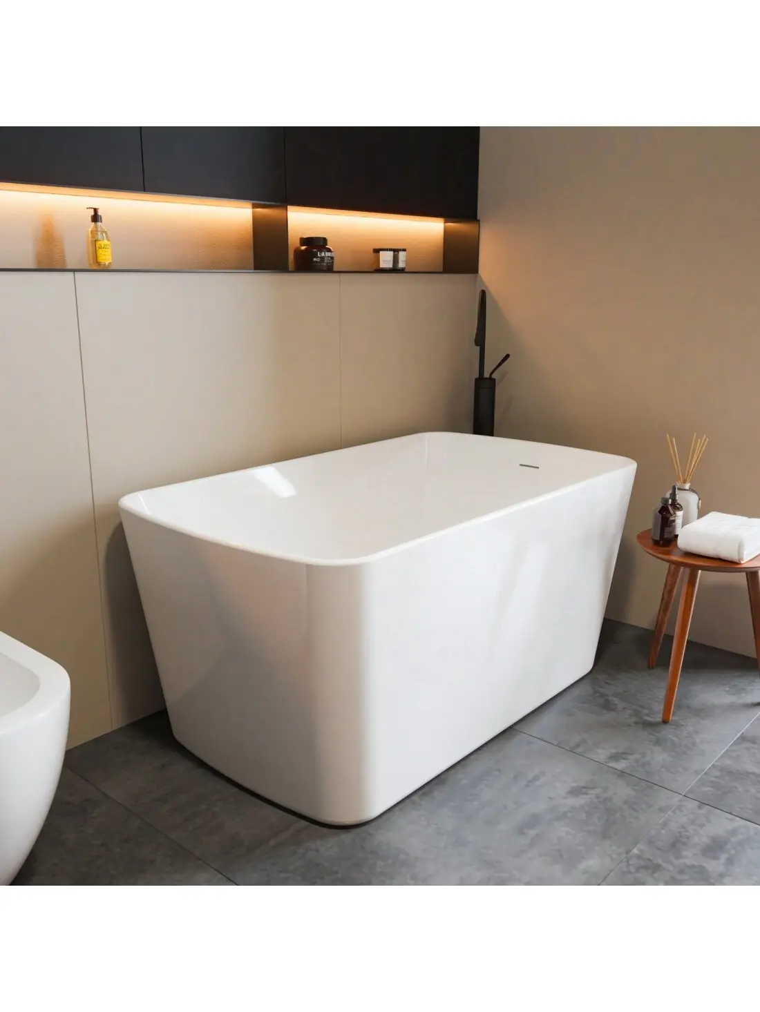 【Christmas Gift】49" Modern Fiberglass Acrylic Freestanding Japanese Soaking Bathtub, Glossy White Square with Single Seat, Right Chrome Toe-Tap Drain, Slotted Overflow, 55 gal, 89.5 lbs, 49"x28"x24", CUPC Certified, Hassle-Free Installation