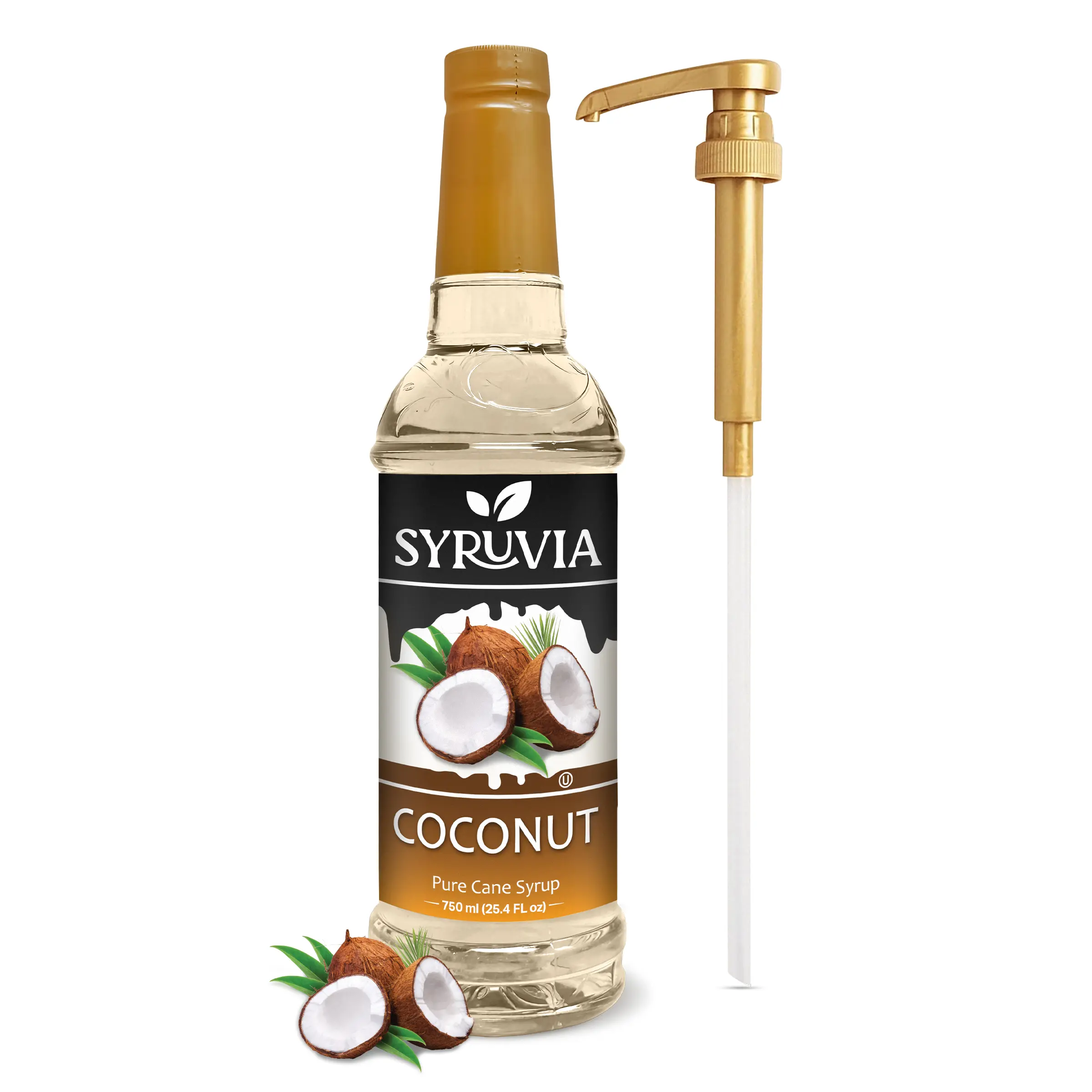Syruvia Coconut Coffee Syrup - 25.4 fl oz Sweet Premium Dessert Flavoring, Kosher, Gluten Free, Includes Pump, Ideal for Beverages with Caramel Notes