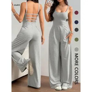 Women's solid color backless pleated jumpsuit, summer casual sleeveless square neck wide leg jumpsuit, daily wear women's jumpsuit
