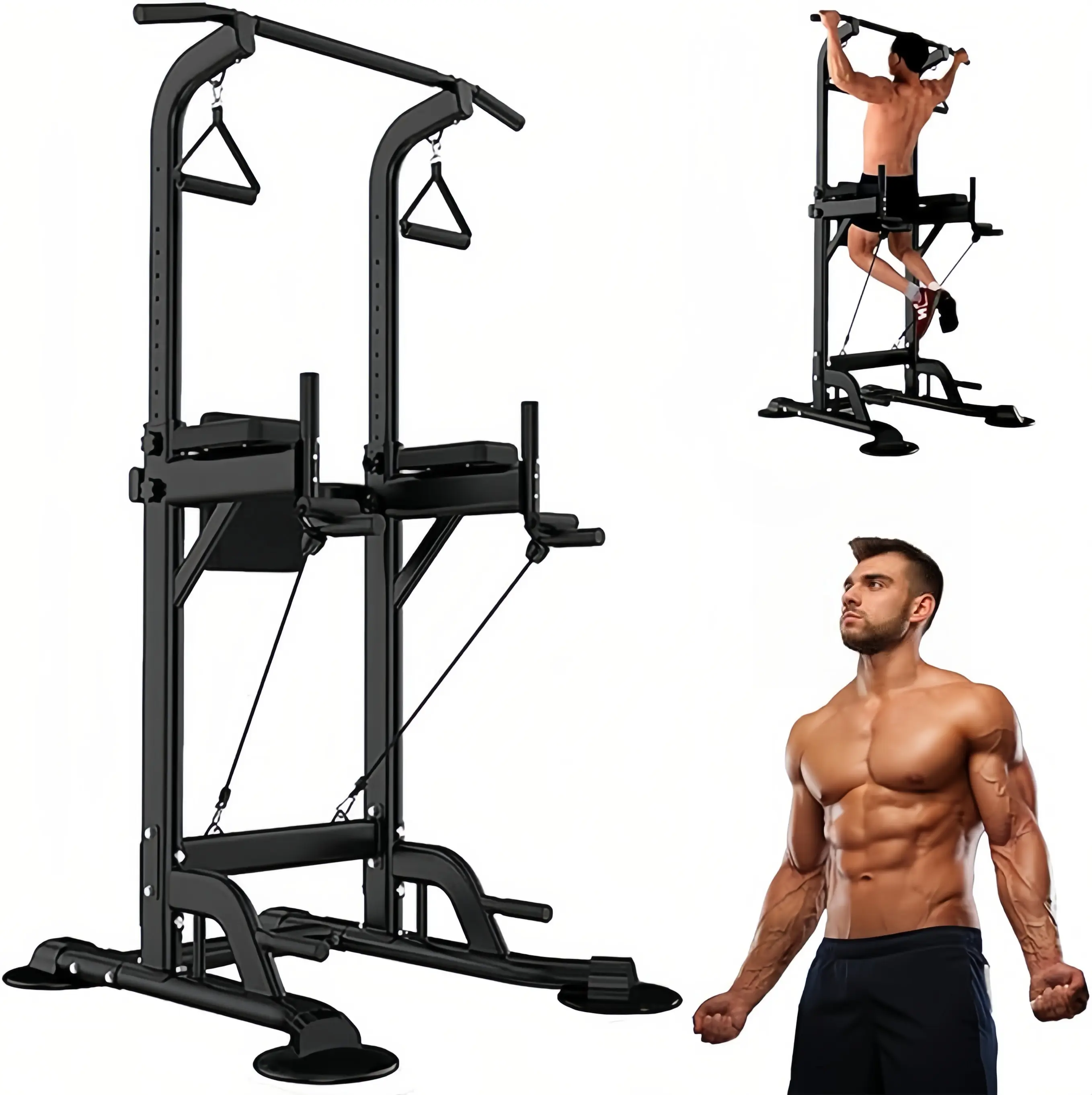 Multi-Function Power Tower with Pull Up Bar, Dip Station & Push Up Board, 450LBS Capacity Assistive Strength Training Equipment for Home Gym Fitness