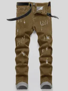 Khaki old ripped slim jeans men's, high elastic pants are versatile in all seasons