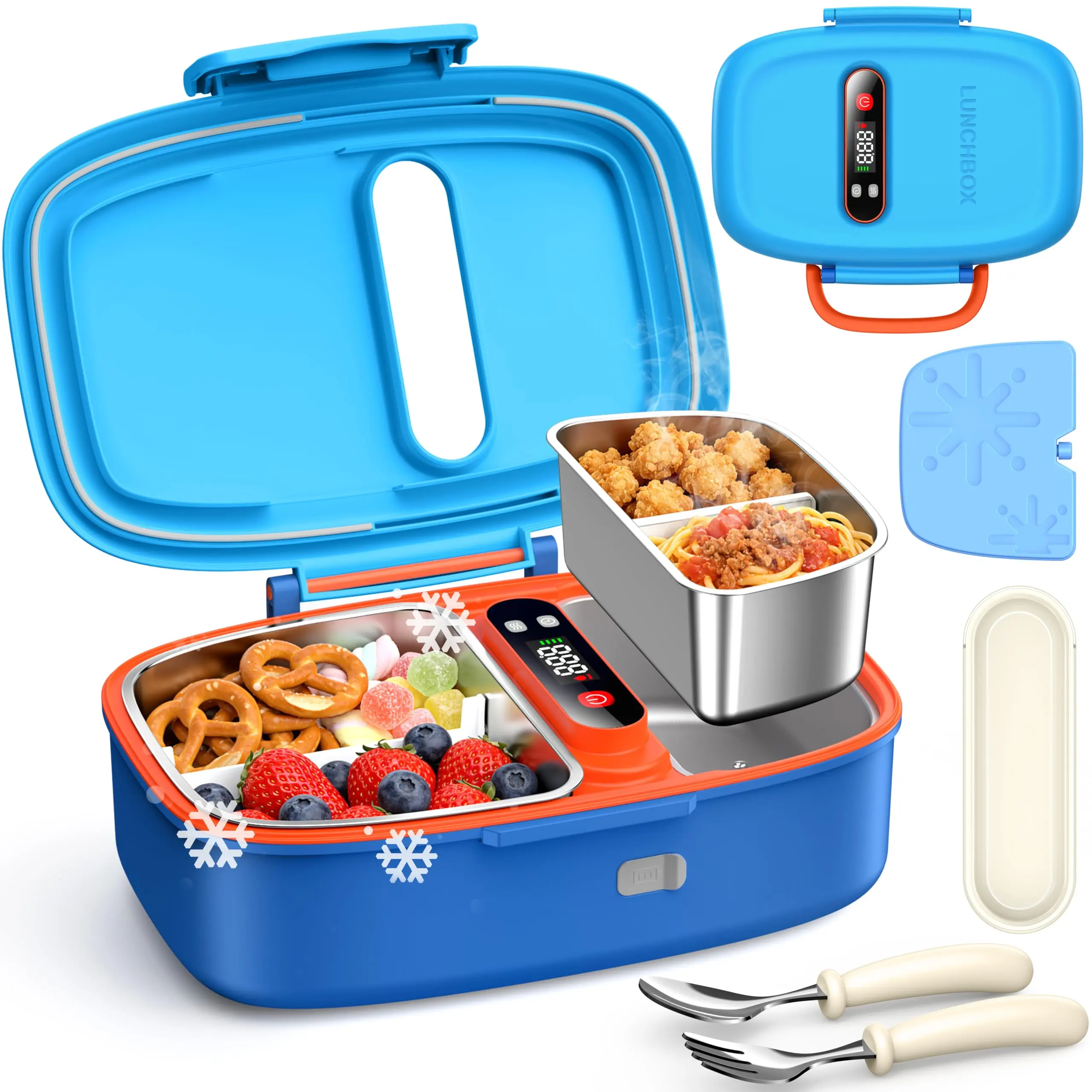 Portable Wireless Heated Lunch Box for Kids | Scheduled Heating & Warming / Cooling Ice Pack / Airtight & Leak-proof / Includes Cutlery & Divider | Navy Blue – Designed for Boys and Girls