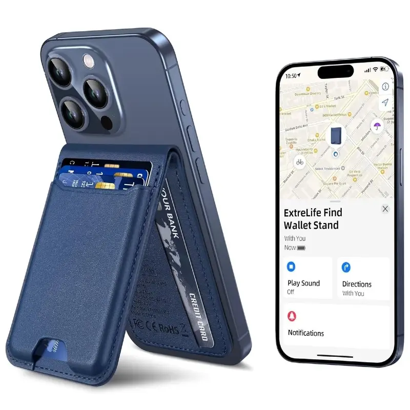 Magntic Wallet for IPhone, Works with  Find My(only IOS), Strongest Magnetic with Adjustable Stand Wallet Tracker, 6 Cards Holder, Vegan Leather, phone wallet Camera Blue Smartphone Cellphone Electronic Gadgets SummerWins