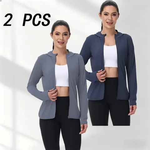 Women's 2-Pack Ultralight Hooded Long Sleeve UV Protection Sports Jackets - Female, 4-Way Stretch, Breathable, Cool, Multi-Color, Normal Type - Ideal for Outdoor Activities, Hiking - Item No. SummerVibes