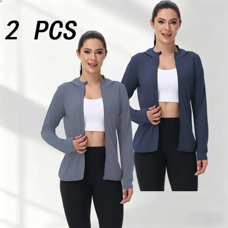 Set of 2 women’s lightweight long-sleeve sun-protection hooded tops; breathable, cool sun-protection jackets suitable for outdoor activities like hiking and fishing; four-way stretch and breathable; available in multiple colors; Item number: SummerVibes