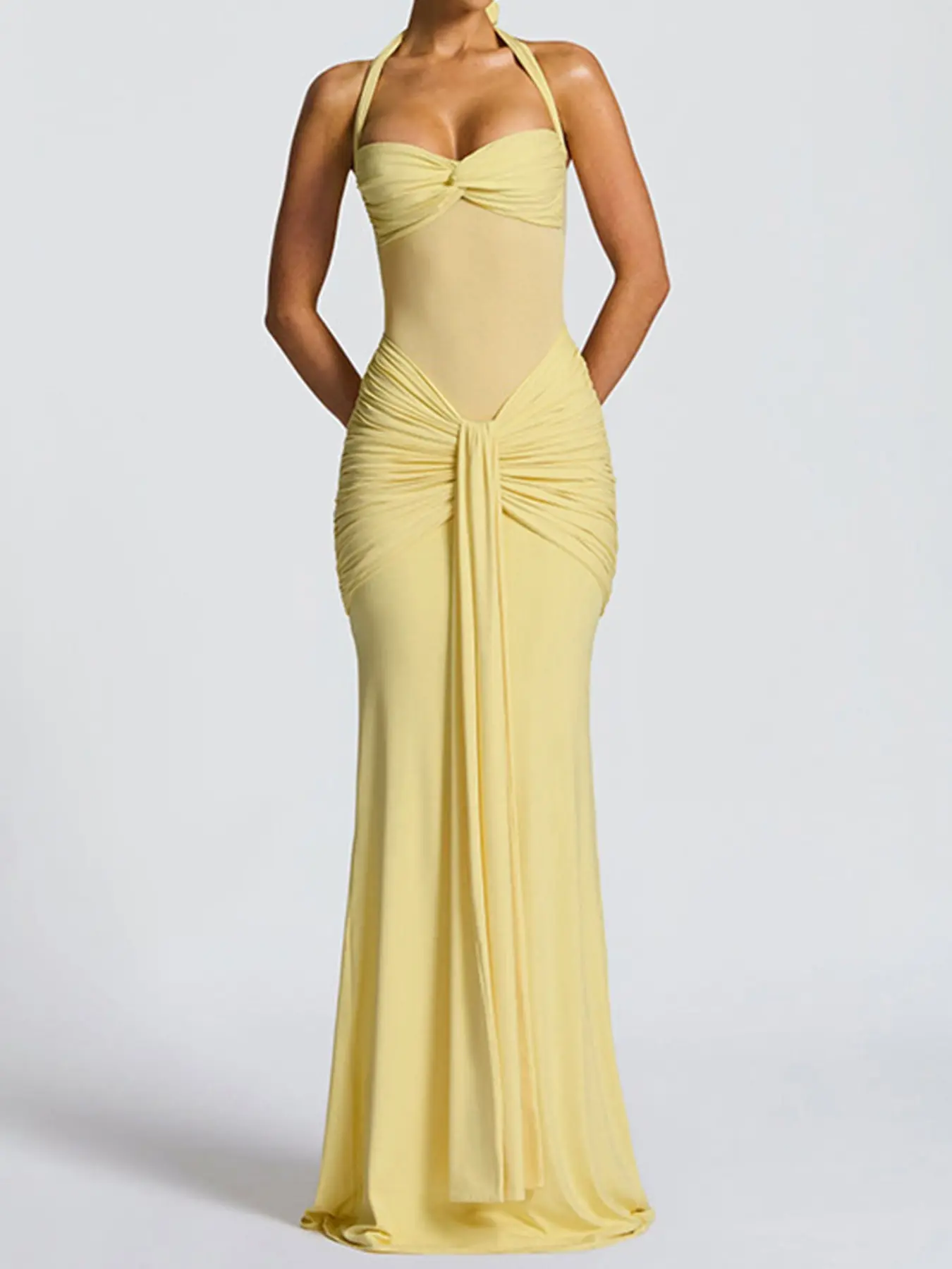 Elegant Women's Halter Neck Tie Back Thin Sheer Mesh Fabric Dress, Sexy Long Flowy Gown, Fashionable Plain Color Formal Evening Wear Garment, Fit