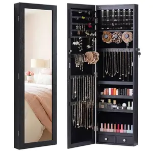 47.2" H x 14.2" W Bathroom Mirror Cabinet for Jewelry Storage, Wall Mounted LED Mirror with Organizer, Over Door Option, for Small Space Bedroom Closet