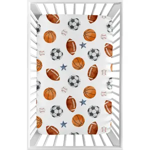 Sweet Jojo Designs Baby Fitted Mini Crib Sheet (Vintage Sports Theme) for Boys, Newborn/Infant Nursery, Play Yards, Portable Cribs (Sport Themed, Soccer Balls, Football, Baseball, Basketball, Star)