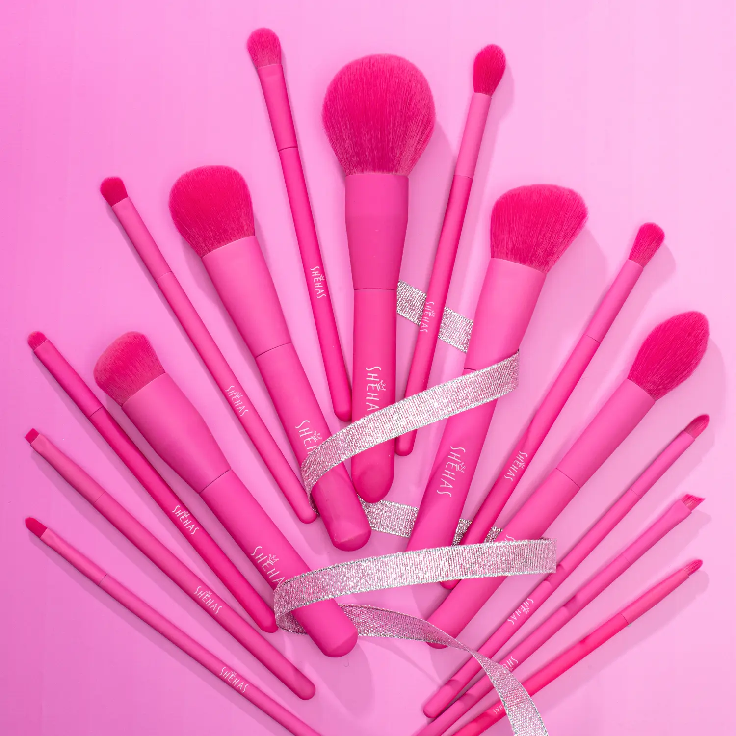 TEXAMO x SheHas Makeup Brush Set 15 Piece Quality Makeup Brushes Premium Synthetic Make Up Brushes for lip Eye shadow Foundation Powder Blush Highlighter Concealer Makeup Brush Kit for Travel Hot Pink with Two-piece foundation shovel set