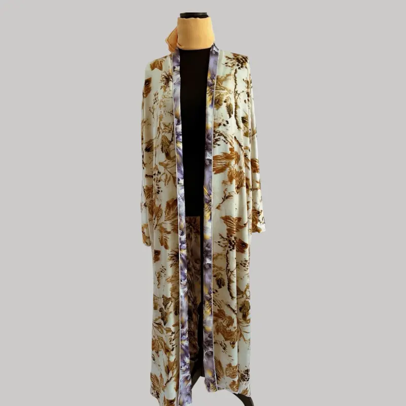 Elegant Reversible Floral Abaya - Cream & Gold to Purple & Gold - Lightweight Satin Silky Finish - Loose Flowy Fit for Eid Weddings Casual Outings Evening Gatherings