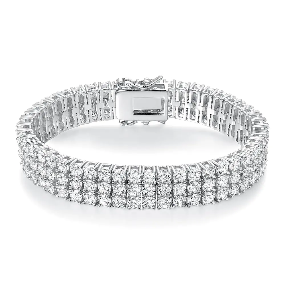 GEMSME Gold Plated 3-Row 9MM Round Cut Cubic Zirconia Tennis Bracelet, Unisex Everyday Wear Wrist Stack with Secure Double-Latch Closure, Men's Accessories (DB005), Gold Plated Bracelet, Everyday Wear Bracelet