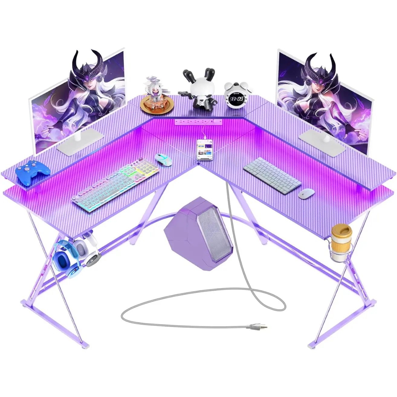 Gaming Desk 50.4” with LED Light & Power Outlets, L-Shaped Gaming Desk Carbon Fiber Surface with Monitor Stand, Ergonomic Gamer Table with Cup Holder, Headphone Hook, Purple
