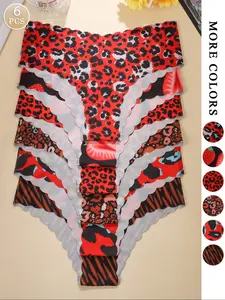 Women's Solid / Leopard Print Scallop Trim Brief, Soft Comfy Breathable Seamless Panty for Daily Wear, Women's Underwear for All Seasons, Solid Print Knicker