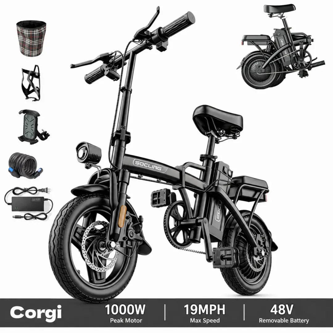 Foldable All-Terrain Adult Electric Bike - 1000W Peak Power, 19MPH Top Speed, 48V Detachable Battery, Dual Disc Brakes, Long-Lasting Seat, Compact Commuter Ebike, LED Lights, Anti-Explosion Tires, Youth-Friendly Design
