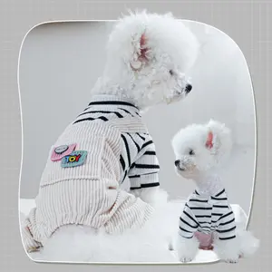 Corduroy Dog Overalls Collection Adjustable Strap Four-Legged Romper with Best Friend Theme Fashion Outfit for Small Dogs Winter Pet Warm Costume Striped Shirt Teddy Bear Patch Festive Christmas Witch Events