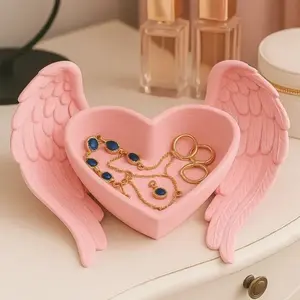 Angel Wing Heart Shaped Trinket Dish, Cute Resin Jewelry Tray for Rings Earrings Keys, Aesthetic Home Decor for Bedroom Desk Vanity, Perfect Gift for Girls
