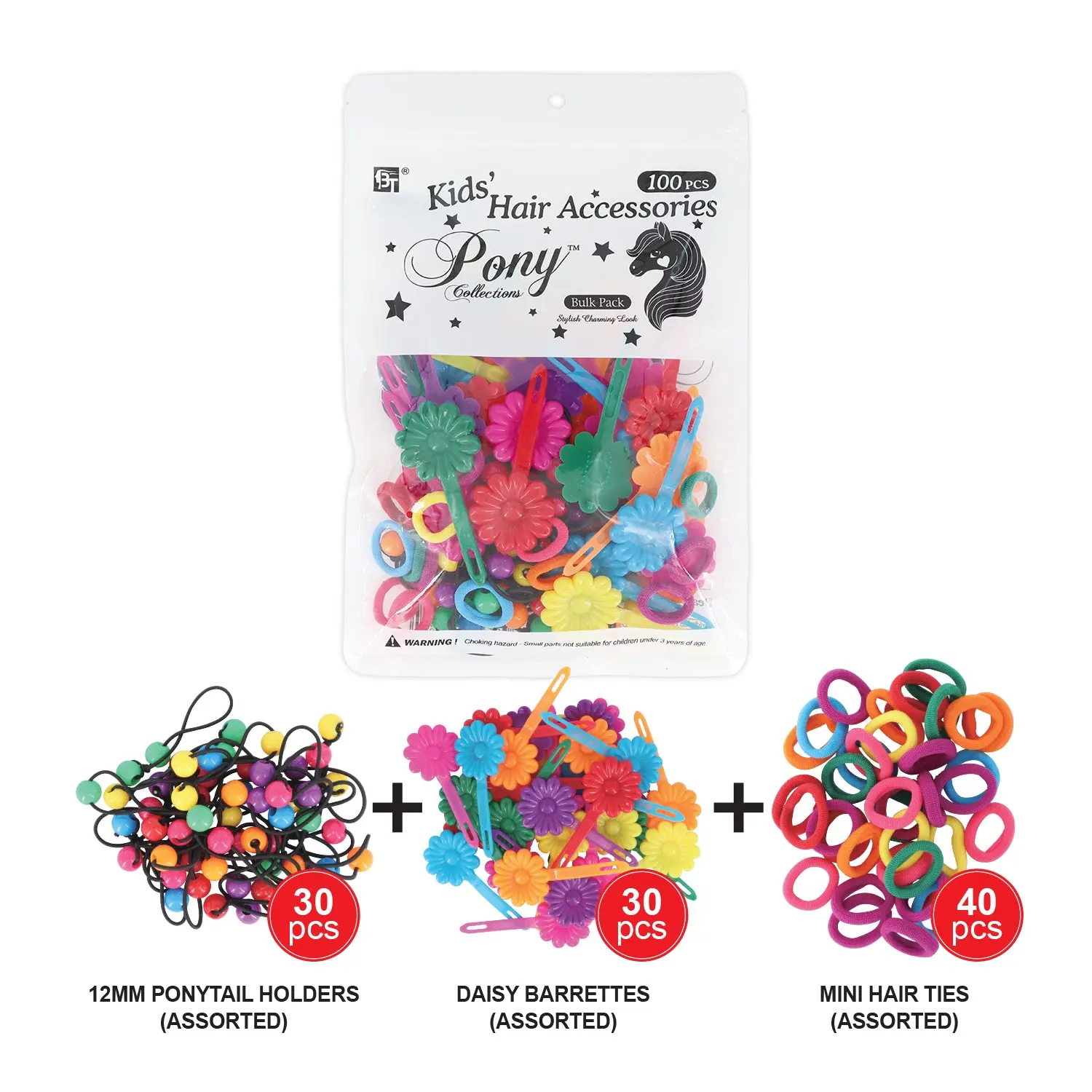 Beauty Town Kids Hair Accessory Bulk Pack - Cute Hair Accessories Set with Pony Beads, Rubber Bands, and Barrettes, Hair Accessory Set