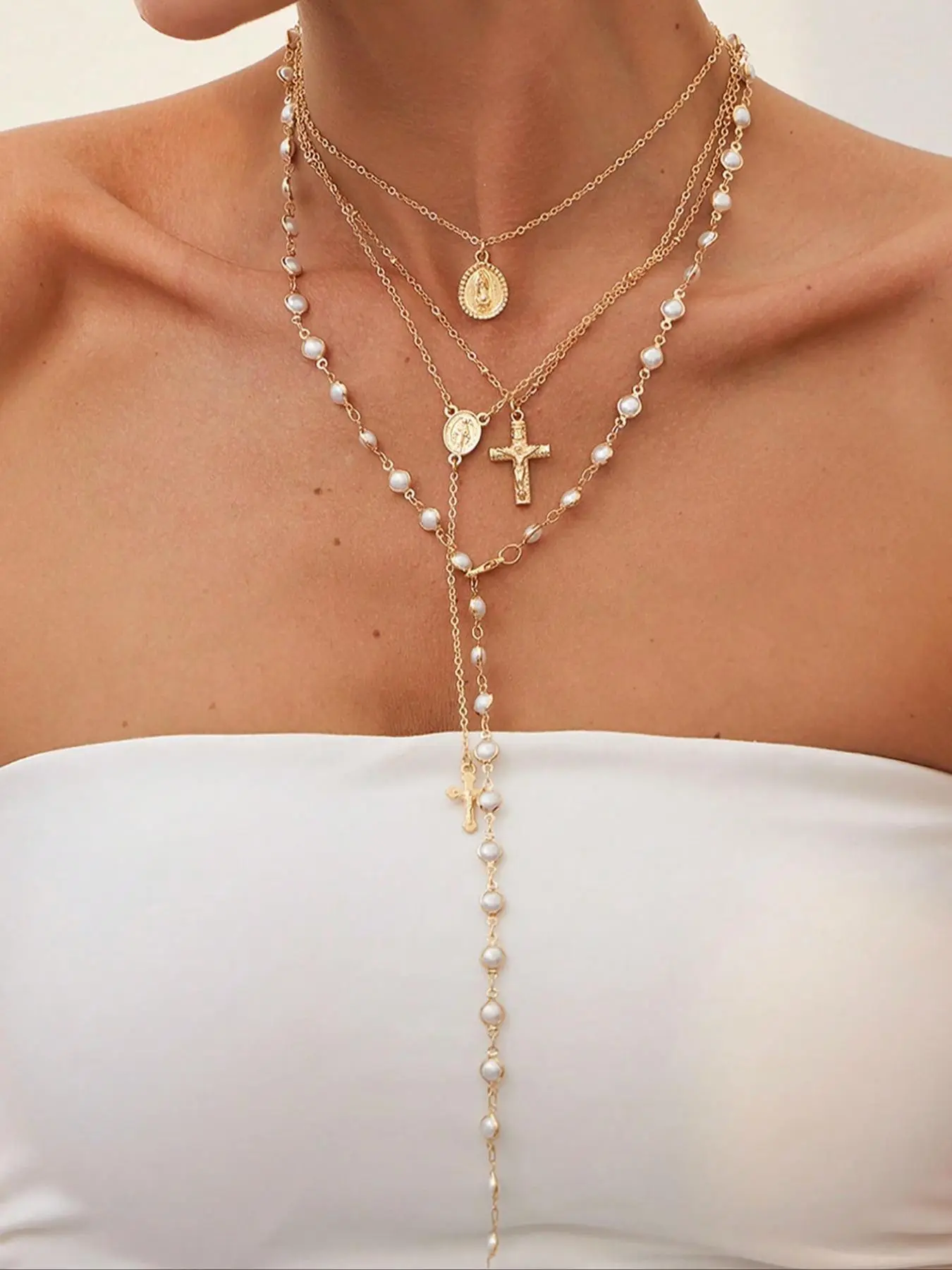 4 Piece Vintage Metal Jesus Cross Y-shaped Long Necklace Set, Boho Style Necklace, Bohemian Style Artificial Pearl Pendant, Ideal for Women Daily Wear and Holiday Gift, Faux Pearl Jewelry, Religious Jewelry, Faith Necklace, Summer Style Jewelry